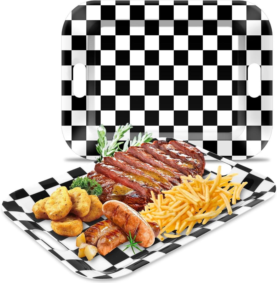 gisgfim 2Pcs Black Checkered Serving Trays with Handles 16 x 11 Inch Large Melamine Tray Rectangular Racing Serving Platter Black White Gingham Tray Melamine Dishes for Serving Food Dinner Dessert Set