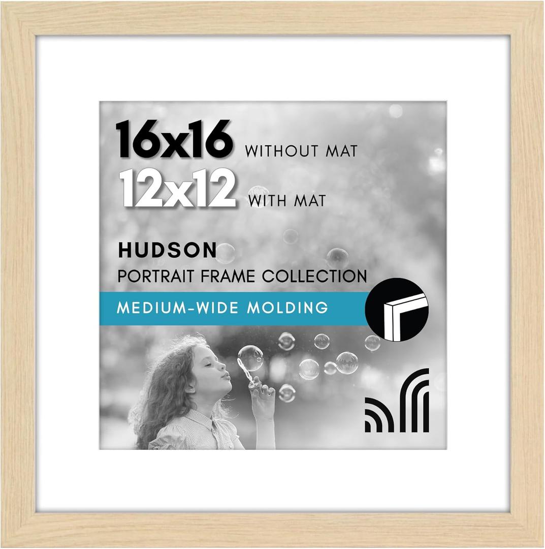 Americanflat 16x16 Picture Frame with Polished Plexiglass - Use as 12x12 Frame with Mat or Display 16x16 Photo Without Mat - Hudson Collection - Wide Square Frames for Wall Display - Natural Oak