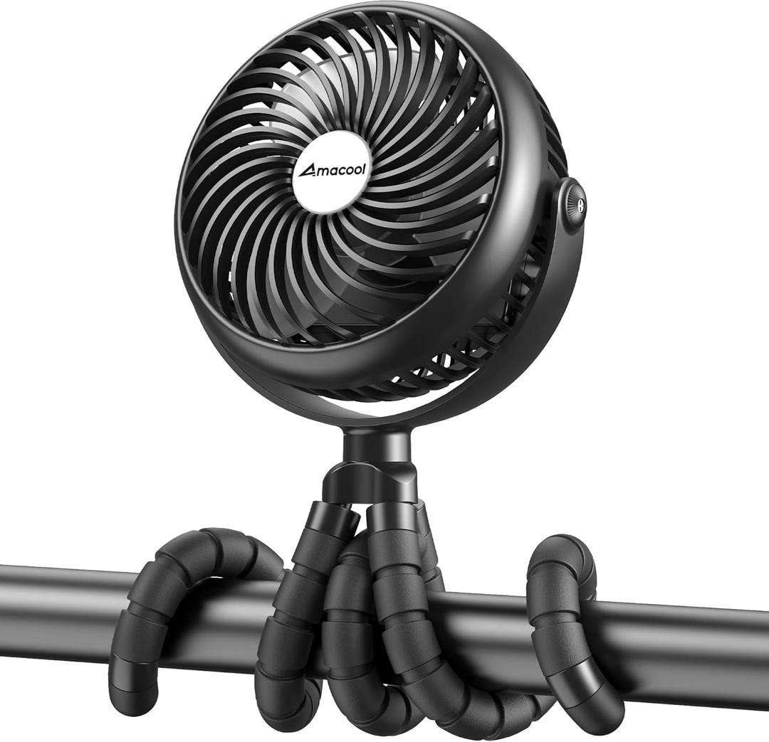 AMACOOL Baby Stroller Fan - 5000mAh Rechargeable, 3-Speed, Strong Yet Quiet, 360Rotate Portable Clip on Fan for Travel, Car Seat, Crib, Bike, Treadmill, Beach Vacation Essentials (Black)