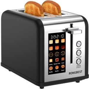 2 Slice Touch Screen Toaster, Stainless Steel Toaster with Wide Slots for Bagels and Bread, Reheat/Defrost/Cancel Functions, Removable Crumb Tray, Matt Black
