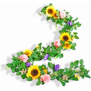 Naidiler Artificial Flower Garland, Sunflower & Rose Vines, Boho Wedding & Birthday Decor, 6ft Straight, Pink & Yellow, Fabric & Plastic