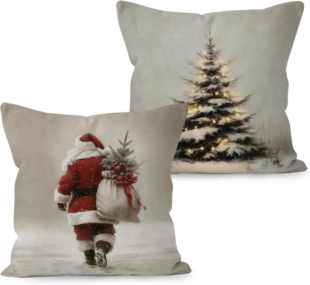 Vintage Christmas Decorative Throw Pillow Cover, Rustic Cozy Winter Snowy Farmhouse Christmas Santa Tree Holiday Pillow Covers for Home Room Bed Sofa Decor, 18x18 Inch Set of 2