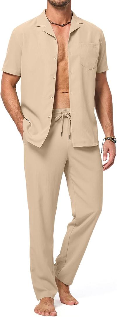 JMIERR Men 2 Piece Beach Vacation Outfit Pants Set Summer Cool Short Sleeve Casual Shirts (Medium)
