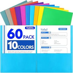 TUXIYA Two Pocket Folders, 60 Pack 2 Pocket Folders, Letter Size Paper File Folder with Pockets, Thick Paper Folder for School Office Business Home, Assorted 10 Colors