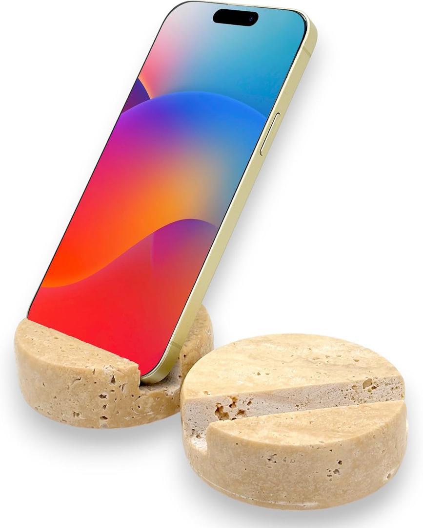 Luxury Marble Cell Phone Stand Holder for Popular Smartphones (1 Pcs) - Real Solid Marble Mobile Phone Stands as Office Desk or Kitchen Countertop Decor (Travertine Beige)