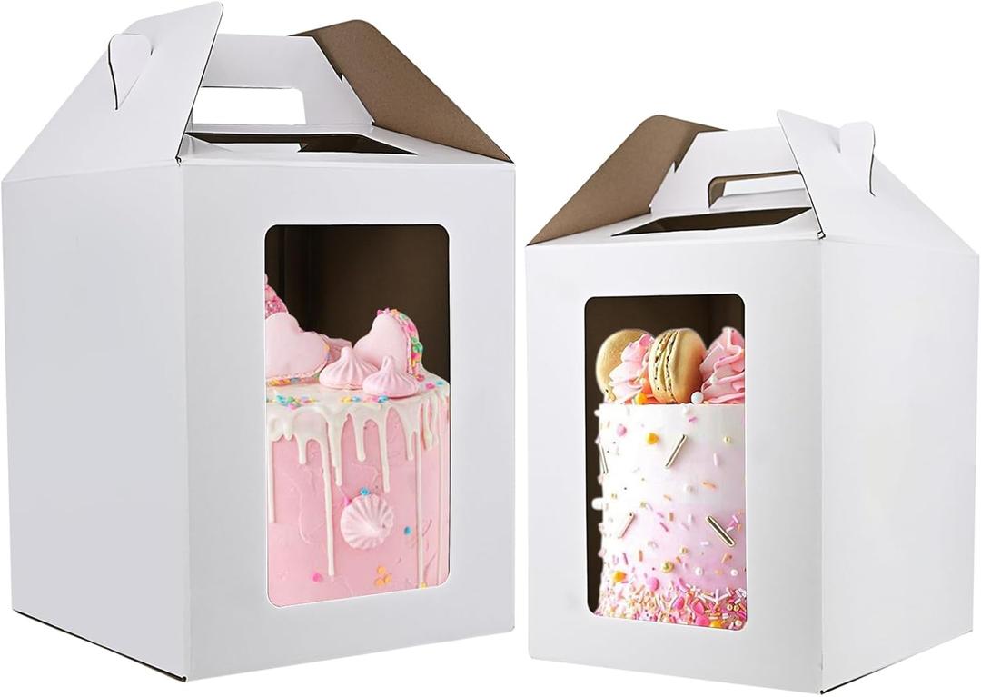 KBG Tall Cake Boxes 12 Pcs 12x12x14 and 14x14x16 Inches With Window and Handle,Disposable Large Tiered Cake Carrier Cake Containers 12Inch 14 Inch