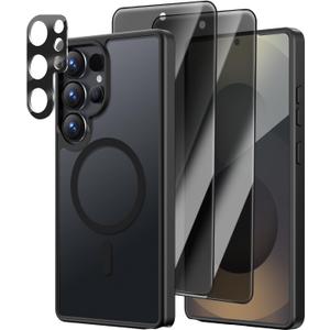 [4 in 1] Magnetic for Samsung Galaxy S25 Ultra Case, 2 Pics Privacy Screen Protectors and 1 Pic Camera Protector, Fit for MagSafe, Military Grade Shockproof Translucent Matte S25 Ultra Cover, Black