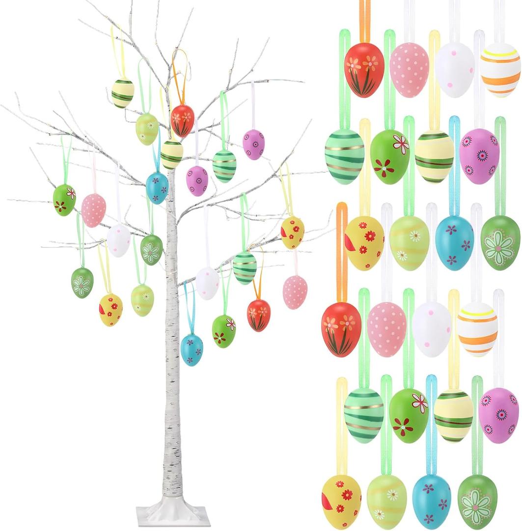 Aurelema 4 ft Easter White Birch Tree with 48 LED Lights, USB Powered Timer, 24 Hanging Easter Egg Ornaments, Tabletop Artificial Tree for Indoor Outdoor Spring Home Decor(Classic)