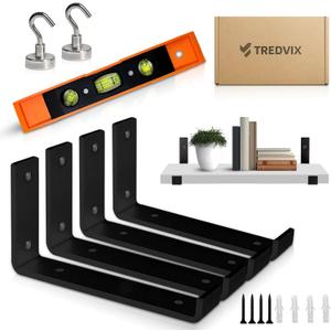 12 Inch Shelf Brackets w/ Level Tool + 2 Magnetic Hooks, Heavy Duty Black Steel L Brackets (4 Pack), 0.2 Inch Thick, Hardware Included, Wall Shelf Brackets