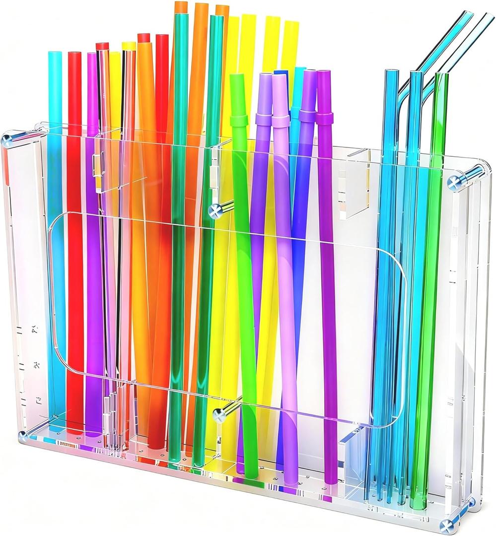 Large Acrylic Straw Holder for Cabinet Door - Reusable Tumbler Straw Organizer Storage, Small Kitchen Accessories Container, Ultra Sticky Cupboard Door Mounted (clear acrylic, 9.5inX6.5in)