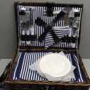 Picnic Basket Set for 4 with Waterproof Blanket Mat Insulation Bag Wicker Navy Blue Brown Stripe Vintage Retro Classic Gift for Wedding Birthday Summer Camp Outdoor Camping Travel Christmas