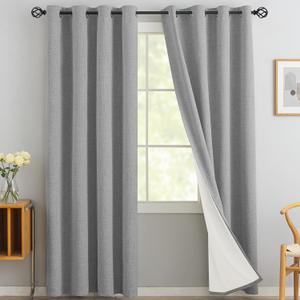 Yakamok Linen Dove Gray Curtains 100% Blackout 84 Inches Long,Room Darkening Textured Curtains for Living Room Thermal Grommet Bedroom Curtains 2 Panels with Greyish White Liner