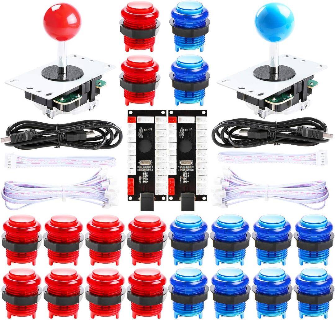 Qenker 2-Player LED Arcade DIY Kit for USB MAME PC Game DIY & Raspberry Pi Retro Controller DIY Including 2X Arcade Joystick, 20x LED Arcade Buttons, 2X Zero Delay USB Encoder (Blue & Red)