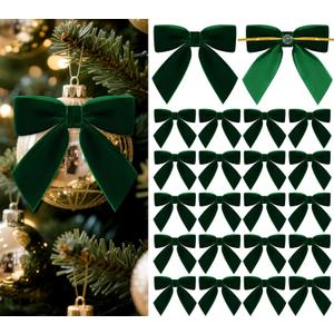 30 Pcs Velvet Bows for Christmas Tree, Pre-Tied Christmas Bows with Twist Ties & Adhesive Dots Vintage Xmas Decor for Garland Wreath Gift Packaging(3 x 3 Inch, Width of 1", Dark Green)