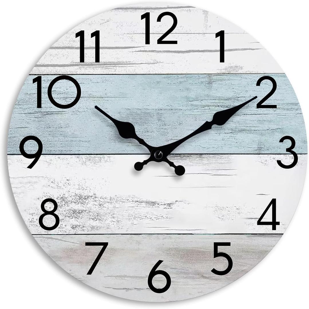 Wall Clock Silent Non-Ticking Wooden Clocks Battery Operated 16 Inch Small Country Retro Rustic and Beach Style Decorative for Living Room, Kitchen, Home, Bathroom, Bedroom (Blue)