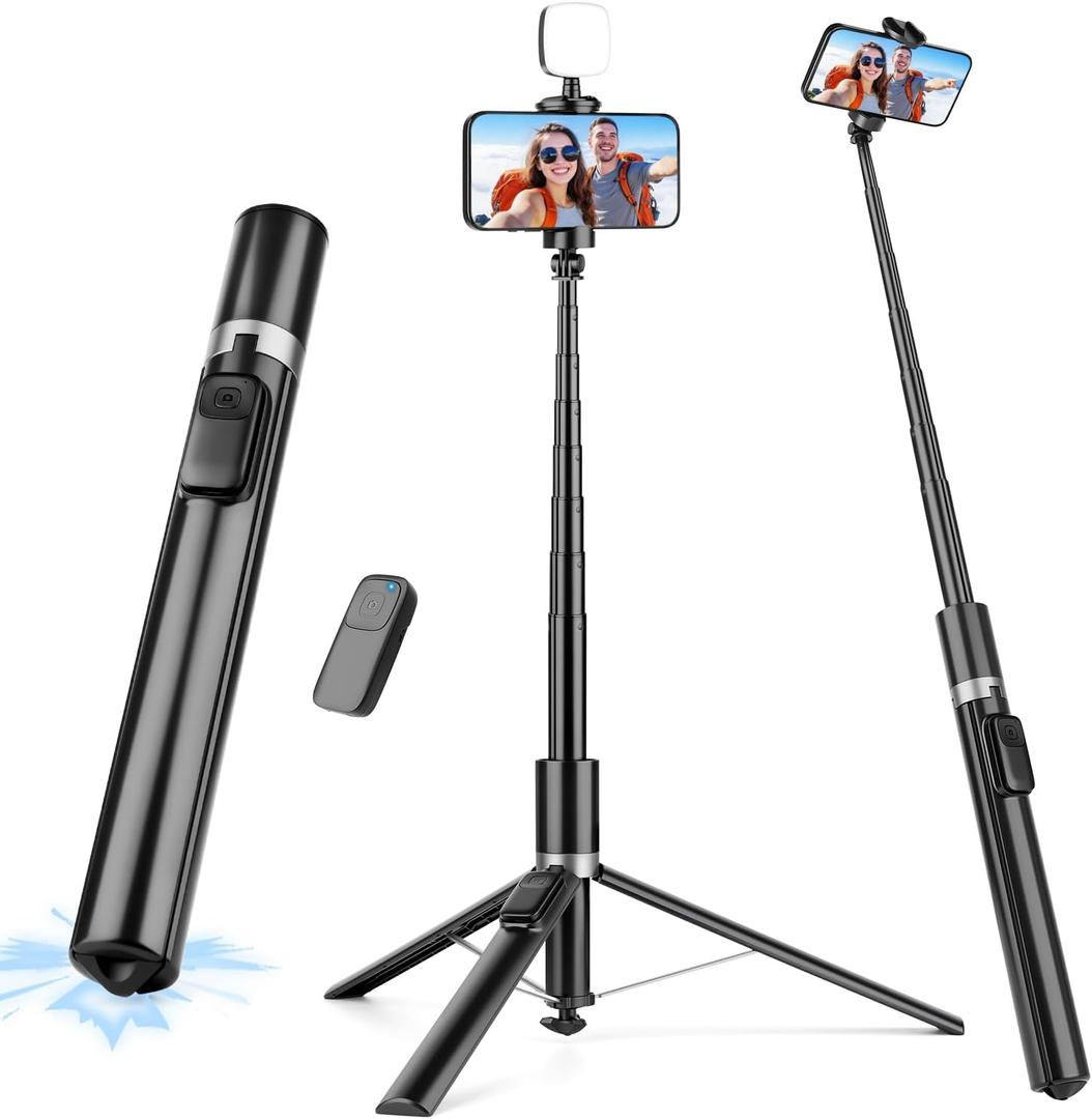 68" Phone Tripod & Selfie Stick with Remote and Fill Light, Auto Open Cell Phone Tripod Stand, Extendable Phone Stand for Video Recording, Travel, Vlogging, Compatible with iPhone/Android, Black