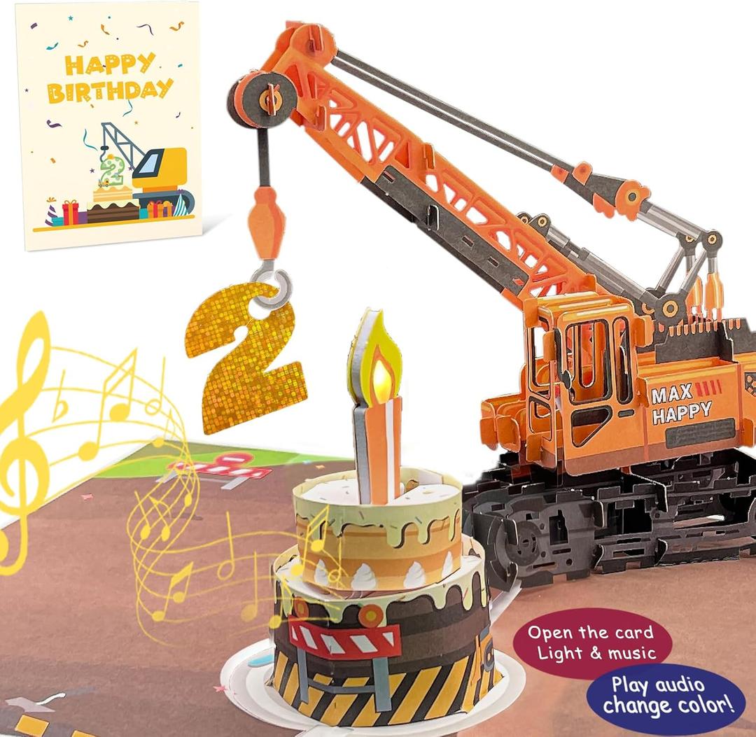 3D Greeting Pop Up 2nd Birthday Card with light and music, Crane Truck card For Boy, Nephew, Grandson, Son, Toddler, with Envelope, Message Card - Open it play: plays hit song 'Happy Birthday'
