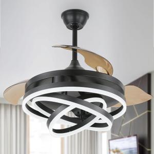 Retractable Ceiling Fan with Lights, Black Ceiling Fans with Lights 42 Inch, Modern Chandelier Ceiling Fans, 6 Speeds Dimmable LED Ceiling Fan for Bedroom