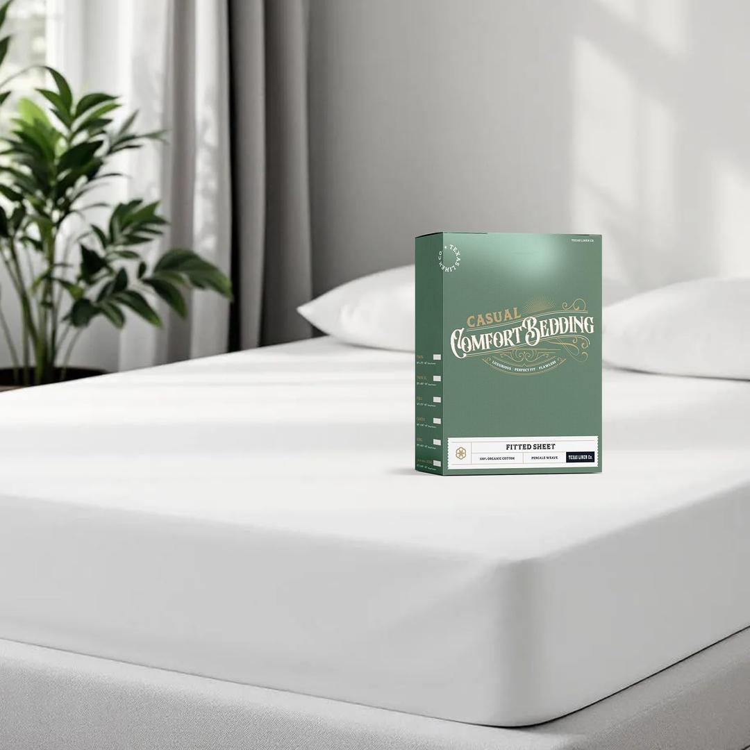 TEXAS LINEN CO. 100% Organic Cotton Percale Weave Fitted Sheet Queen Size, White, 1 Deep Pocket Queen Fitted Sheet, Fits Mattress Upto 16" Crisp and Cool Bed Linen, Luxury GOTS Certified Sheets