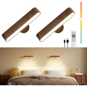Rechargeable Wall Sconces Set of Two, Walnut Wood Battery Operated Wall Sconce, Magnetic Wall Lights for Bedroom with Remote & Touch Control, 15 RGB, 360 Rotatable Dimmable LED Wall Lamp 3 Color