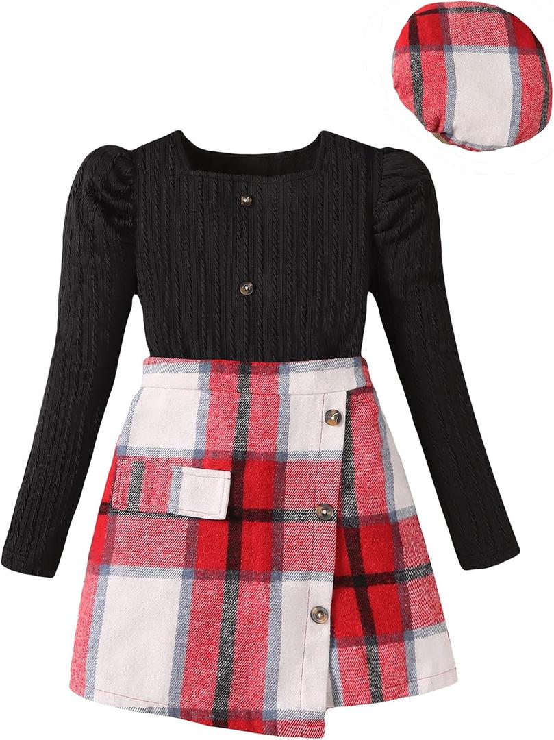 Clothes for Girls Puff Sleeve Plaid Skirt Beret 3 Piece Set 6-12Y