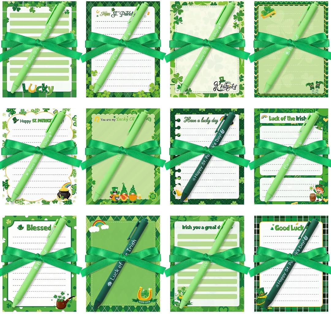 Spakon 36 Pcs St. Patrick's Day Sticky Notes with Pen and Ribbon Shamrock Notepads and Pens Set Green Clover Self Adhesive Memo Pads for School Office Home Supplies Classroom Gift Party Favors, 3.94 x 5.12 inches