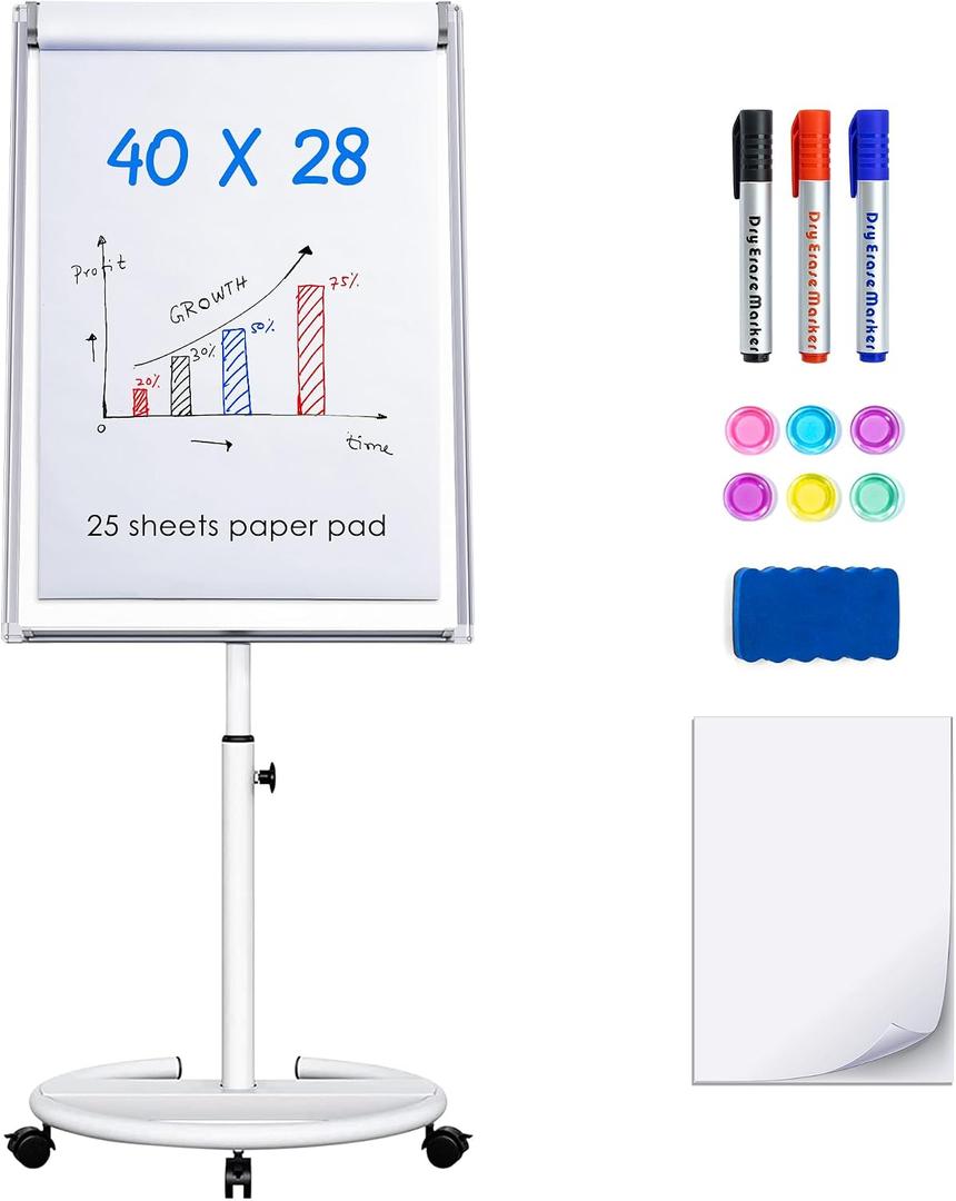 maxtek Mobile Dry Erase Board 40x28 inches Magnetic Portable Whiteboard Stand Easel White Board Flipchart Easel Board with 25 Sheets Paper Pad for School Supplies