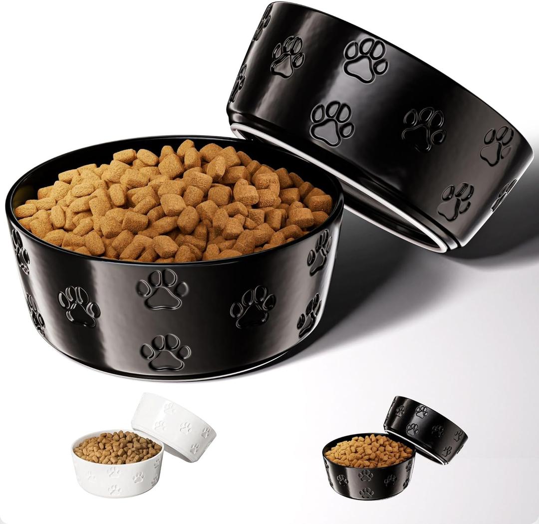 Ceramic Dog Bowl Set of 2 with Anti-Skid Base - 7.5" Wide x 3" Tall Ceramic Dog Bowls for Large Dogs - 6 Cup Capacity Food and Water Bowls for Dogs - Rubber Bottom Pet Bowl Set of 2 for Large Pets (Black)