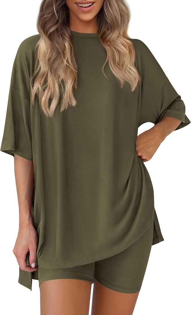 PRETTYGARDEN Women's Two Piece Lounge Set 2025 Summer Casual Oversized Shirts Biker Shorts Matching Airport Travel Outfit (Medium, Army Green)
