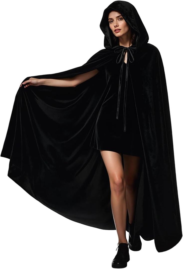ROC PARTY Adult Hooded Velvet Cape for Women Halloween Cosplay Costume (Black, Large)