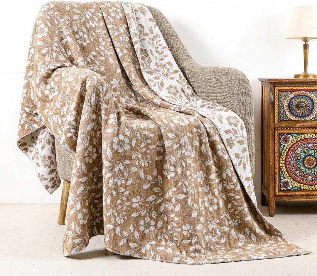 Floral Chenille Throw Blanket 50 x 60'' Farmhouse Vintage Boho Flower Blanket Soft Throw for Couch Bed Sofa Chair Living Room Outdoor Woven Decorative Home Gift(Brown)(Flower,Brown)