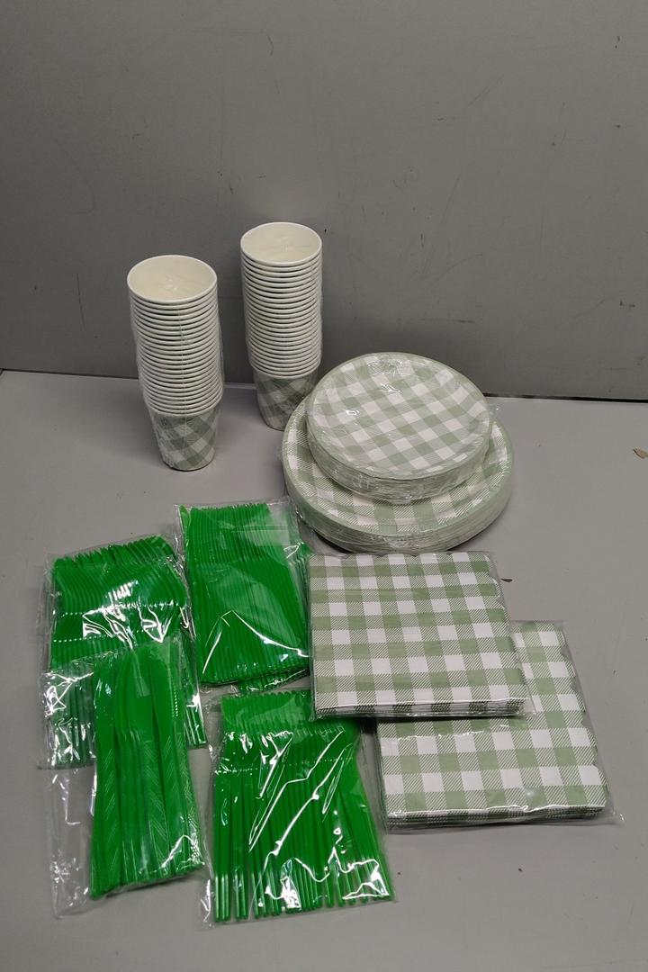 350 Pcs Sage Green Gingham Plates and Napkins Set, Sage Gingham Party Supplies with Paper Plates Napkins Cups Plastic Spoons Forks Knives for Wedding Picnic Baby Shower Decorations