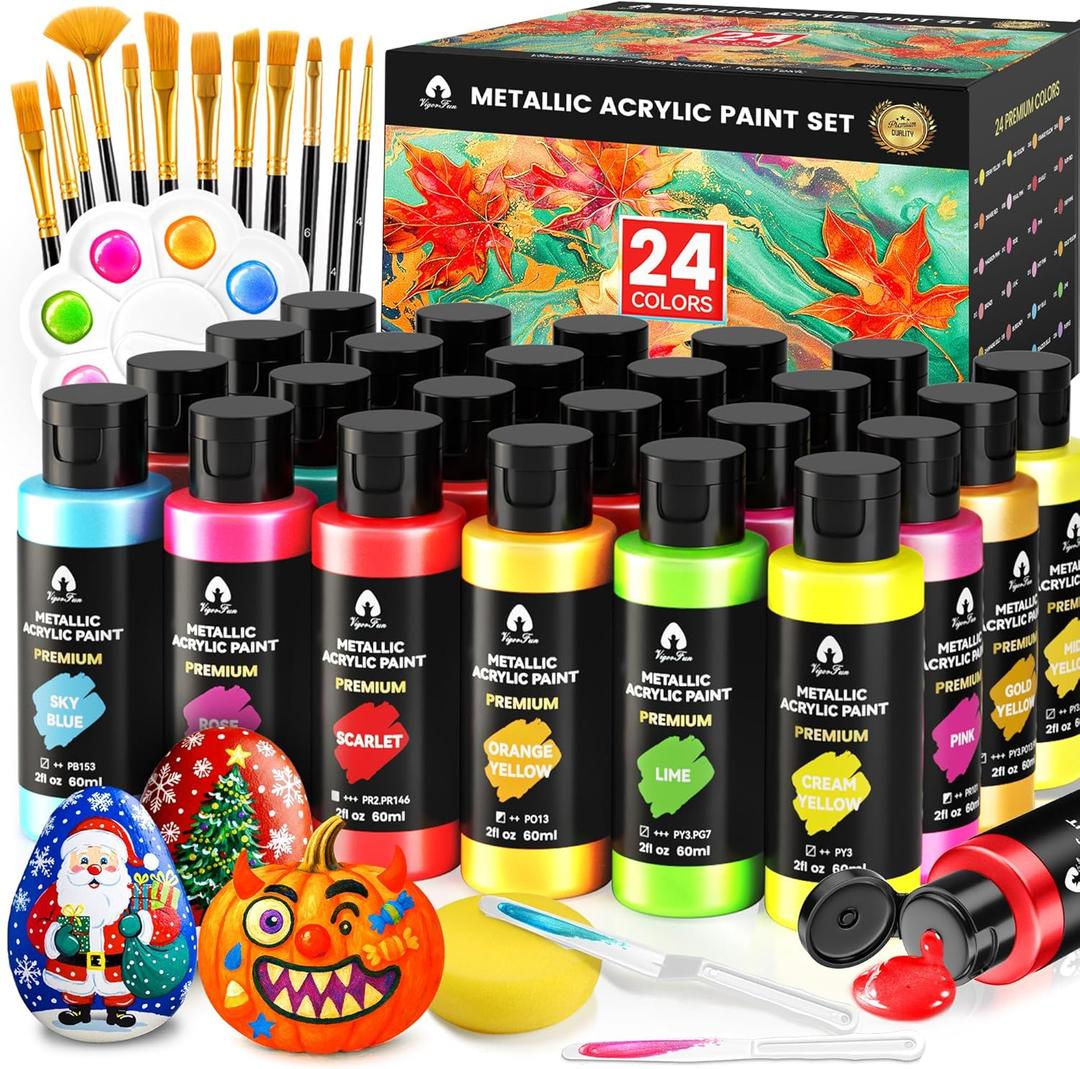 40 Pcs Metallic Acrylic Paint Set with 12 Brushes, 2 Knives & Palette, 24 Colors (2oz/60ml) - for Adults, Artists & Beginners - Canvas Ceramic Rock Wood Pumpkin Painting Kit