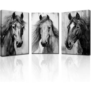 PBXBJY 3 Piece Horse Canvas Wall Art Black and White Horses Painting Prints Farm Animal Portraits Picture Wildlife Vintage Artwork Home Office Decor Framed (16.00" x 24.00" x 3PCS)