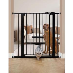 BABELIO 36 Inch Extra Tall Baby Gate with Cat Door, 29.5-40" Metal Pet Door for Stairs, Doorways, House, Auto Close, Easy Walk Thru, Black