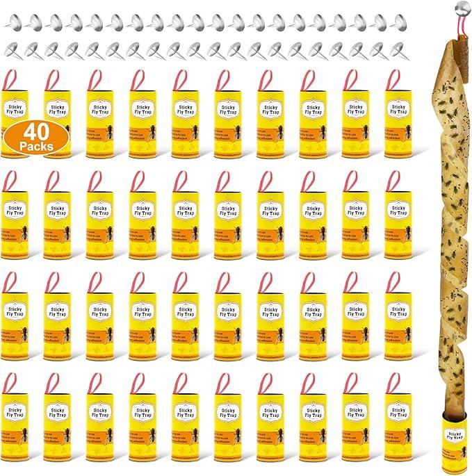 40 Pack Fly Traps Strips Indoor Outdoor, Flies Paper Sticky Hanging with Pins, Fruit Fly Tape Ribbon Roll for Home, Bug & Gnat Catchers for Inside, House Fly Killer for Winged Insect, Mosquito