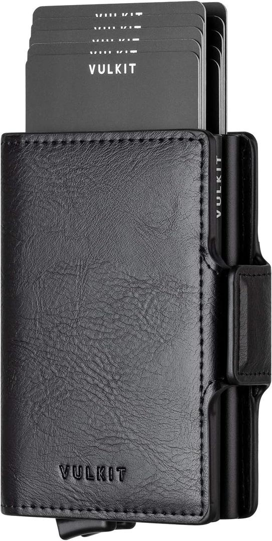 VULKIT Credit Card Holder RFID Blocking Leather Automatic Pop Up Wallet Magnetic Wallet Double Card Case for Men and Women (Black)