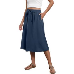 Flowy Skirt Midi Length Elastic High Waist A-Line Skirt with Pockets Boho for Women 2025 Trendy(S-2XL) (Medium)