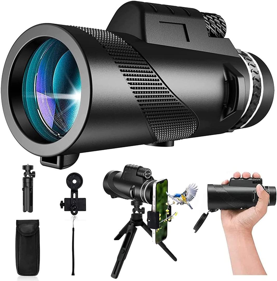 Monocular-Telescope 80x100 High Powered Monoculars High Definition for Adults High Powered with Smartphone Adapter Telescope Hunting Wildlife Bird Watching Travel Camping Hiking-Light Black