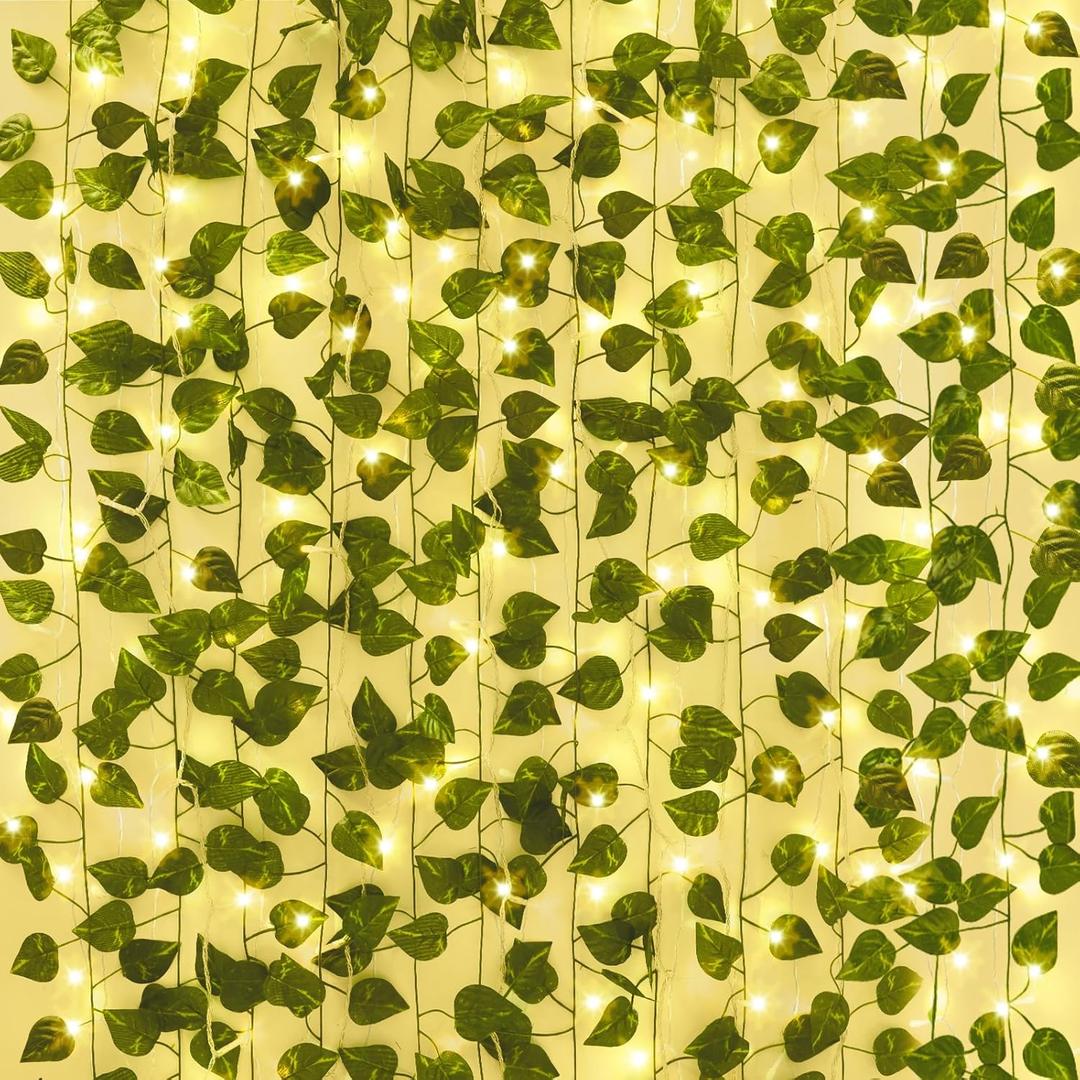 CEWOR 24 Pack 173ft Fake Ivy Vines, Artificial Ivy Garland with 200 LED String Lights, Hanging Plants Greenery Backdrop Green Leaves for Bedroom Room Wall Decor Wedding Party Table Decoration