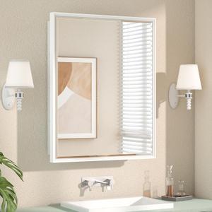 Keonjinn 24 x 30 White Bathroom Medicine Cabinets with Mirror Recessed or Surface Wall-Mounted Aluminum Alloy Metal Framed Beveled Bathroom Mirror, Large Single Door Farmhouse Storage Cabinet Mirror