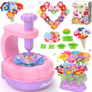 PERRYHOME Fabric Flower Bouquets Toys, 300+ Pcs Birthday Gift Activity Kit, 2 Gameplays STEM Craft for Kids, Reusable DIY Bouquets Maker Mothers Day Gifts for 3 4 5 6 7 8 Years Toddler Girl Gift (Pink Purple)