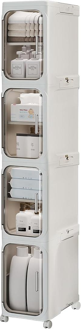 4-Tier Tall Narrow Storage Cabinet with Transparent Doors and Shelves,Plastic Slim Bathroom Organizer, Foldable Storage Cabinet for Small Space, Bathroom, Kitchen