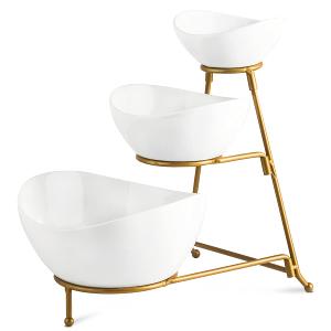 YHOSSEUN 3 Tier Serving Stand with 3 Oval Porcelain Serving Bowl Set with Collapsible Thicker Sturdier Metal Rack 