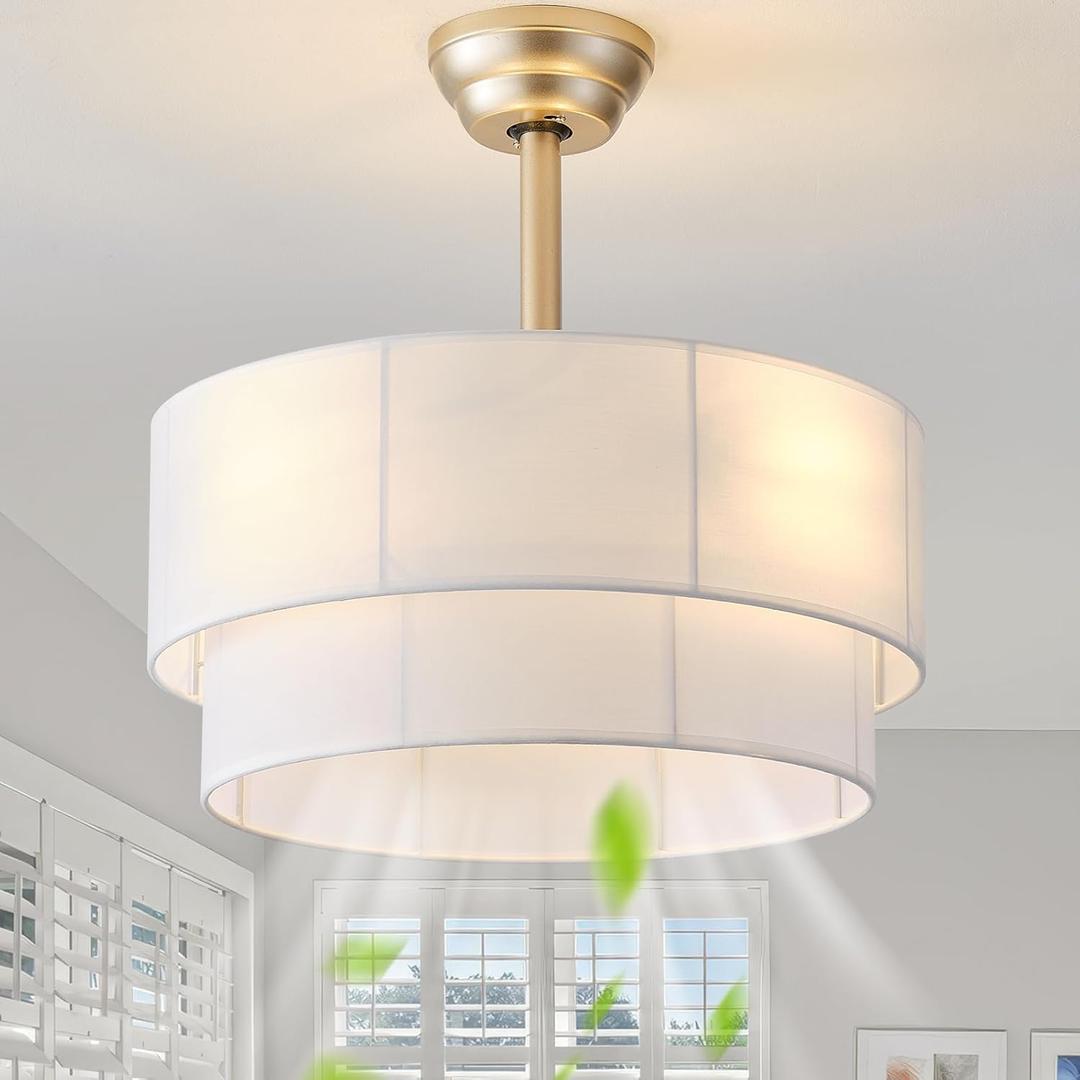 20" Boho Fandelier Ceiling Fans with Lights, Fabric Chandelier Ceiling Fan with Light Remote Control, Caged with 6 Speeds for Living Room, Bedroom, Nursery. (White)