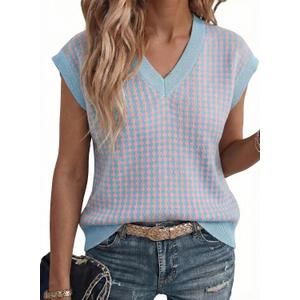 Dokotoo Womens Casual Summer Tops V Neck Short Sleeve Plaid Knit Vest Loose Fit Pullover Sweaters Blouses (Blue, XL)