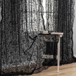 Black Sheer Curtains 84 Inches Long - Shabby Chic Knitted Floral Lace Curtains Privacy Goth/Witchy Dark Window Curtains for Living Room Rod Pocket French Decor 1 Pair, 59 x 84 Inch