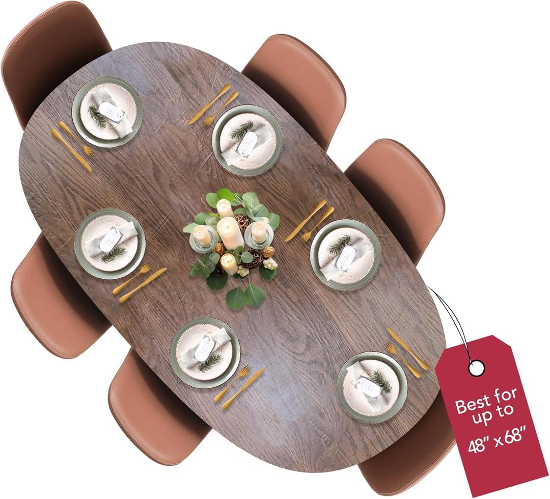 Covers For The Home Deluxe Elastic Edged Flannel Backed Vinyl Fitted Table Cover - Woodgrain (Oak) Pattern - Round Oblong Oval - Fits Tables up to 48" W x 68" L