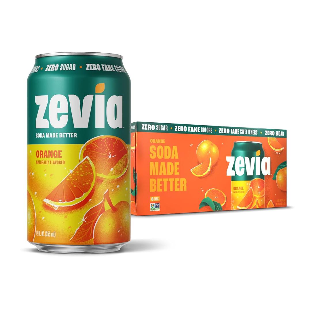 Zevia Zero Sugar Soda, Orange, 12 oz Cans (8-Pack) Naturally Sweetened, Non-GMO Project Verified, Gluten-Free, Vegan