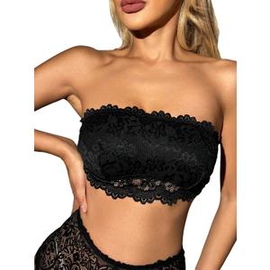WDIRARA Women's Lace Strapless Bandeau Bra Wireless Non Padded Sleeveless Lingerie Bralettes (X-Large, Black)